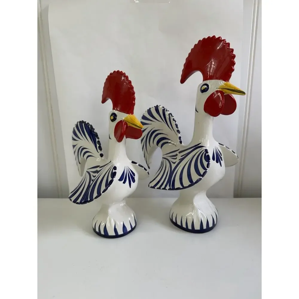 2 Roosters Of Barcelos Trust & Good Luck Figurines Hand Painted Portugal *FLAW*